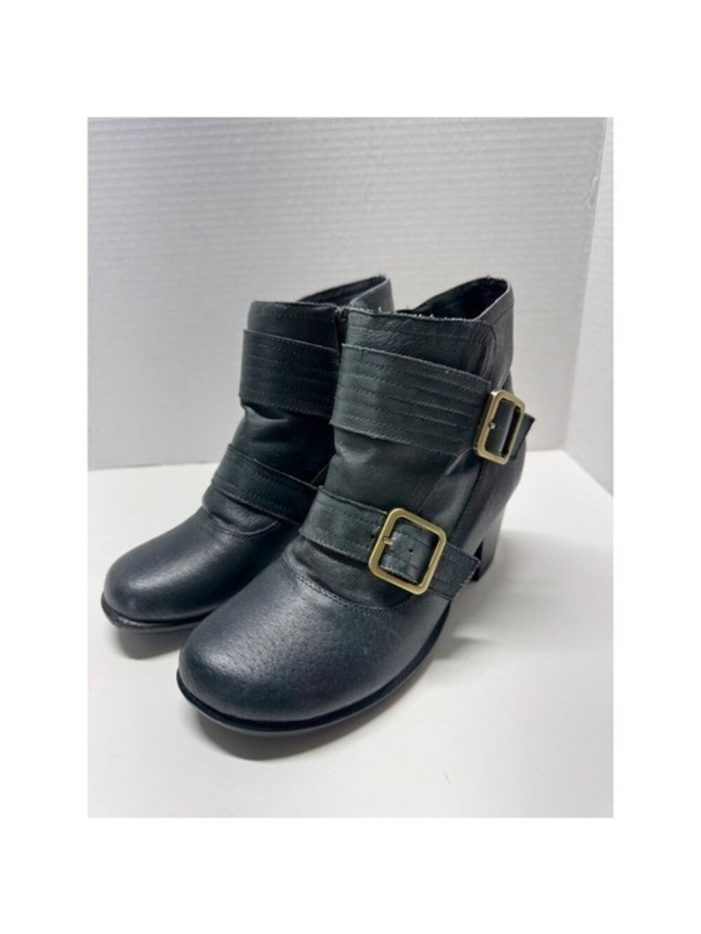 Miz Mooz Evan Black Leather Buckle Moto Ankle Boots Faux Fur Lined Size 7